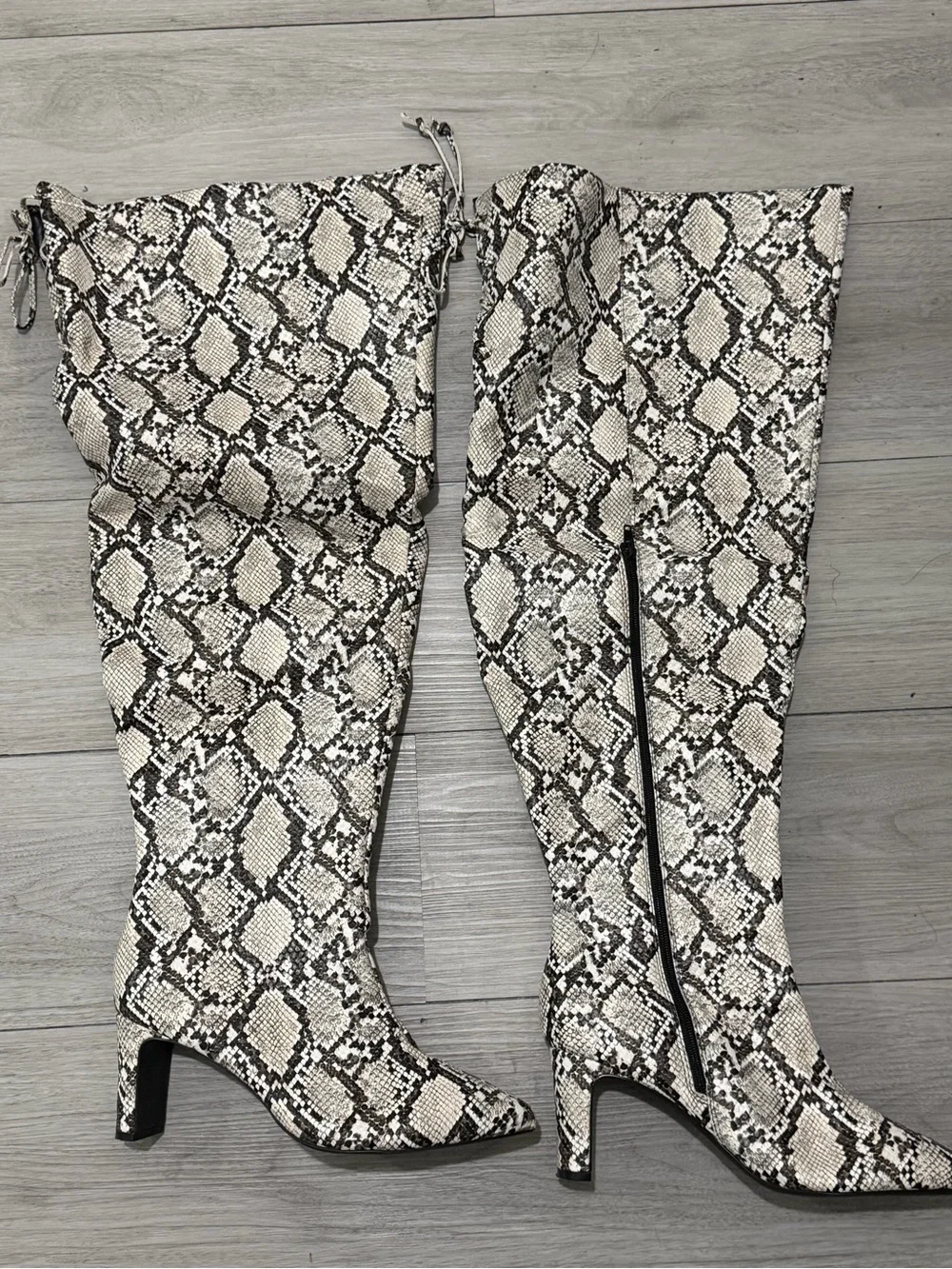 Fashion to Figure Over-the-Knee Snake-Print Boots in Cream and Brown